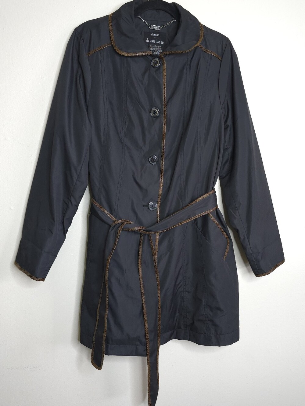 Dennis Basso Faux Fur Lined Belted Trench Jacket Coat Snake Trim Sz Medium